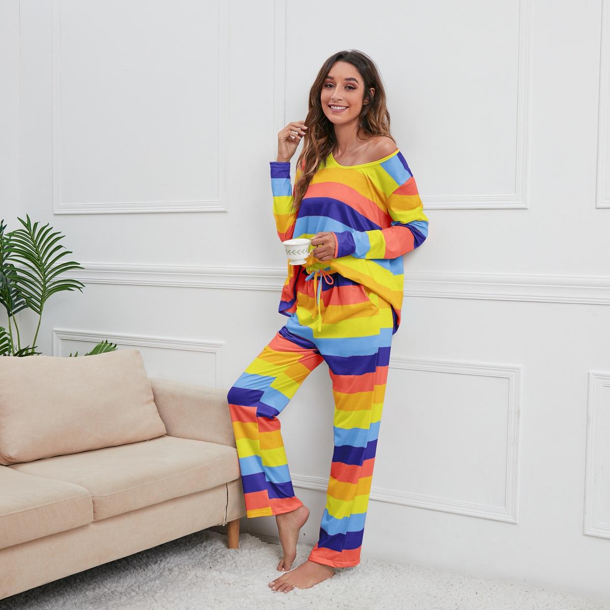 

Женская мода повседневная весна осень полосатый принт длинный рукав О-образный вырез брюки брюки костюмы XXXXXL синий