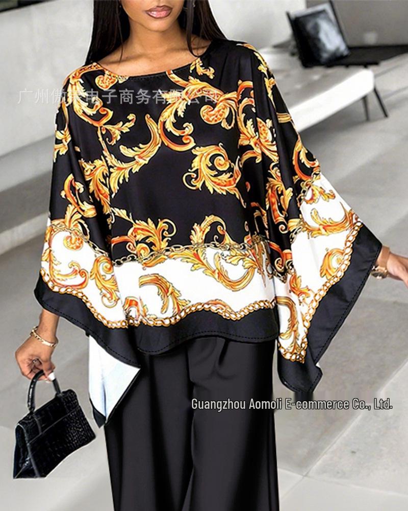 

Baroque Print Batwing Sleeve Top & Elastic Waist Pants Set Extra Large чёрный
