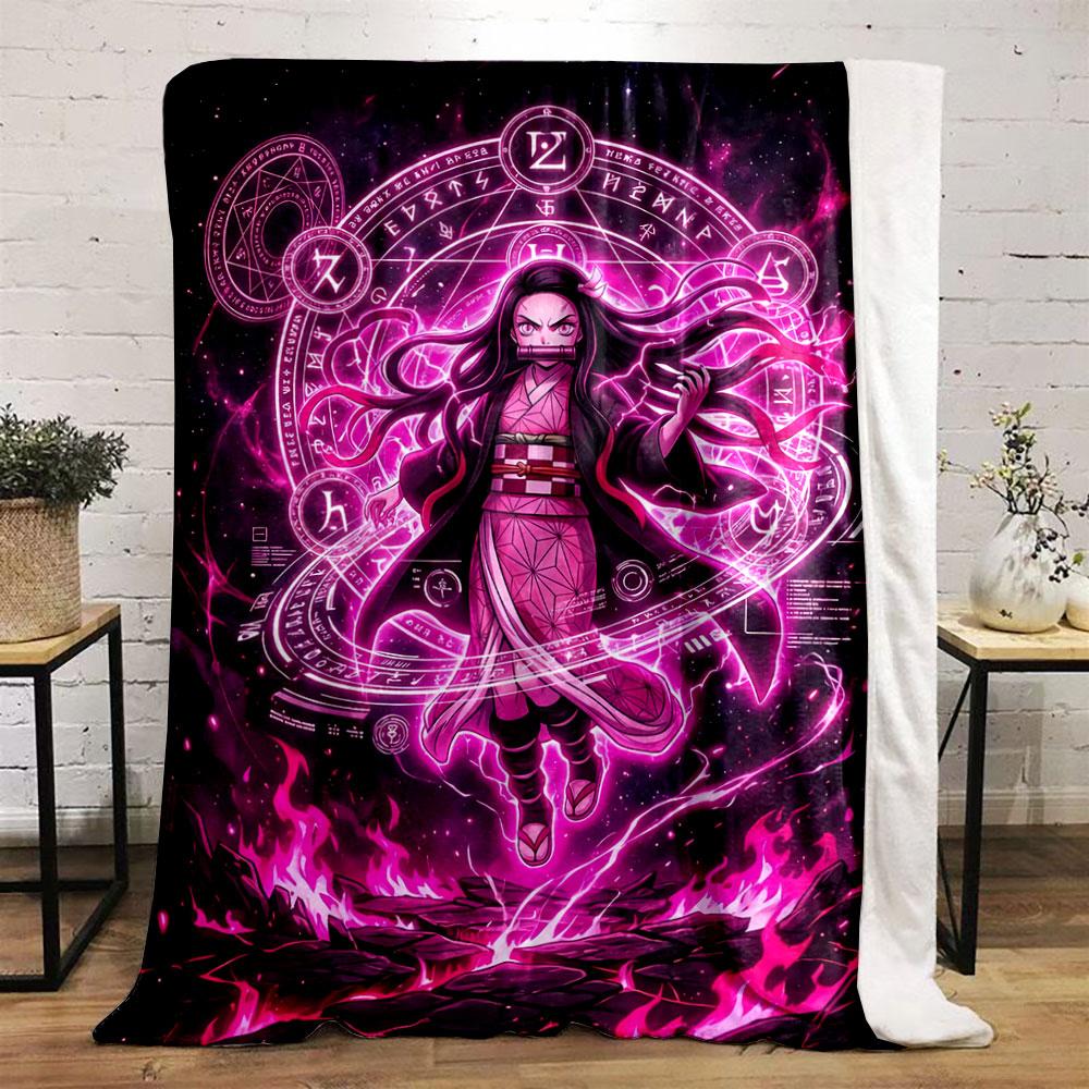 A glowing pink magical aura with runic circles surrounds the floating figure. for all seasons blanket lunch break throw gift