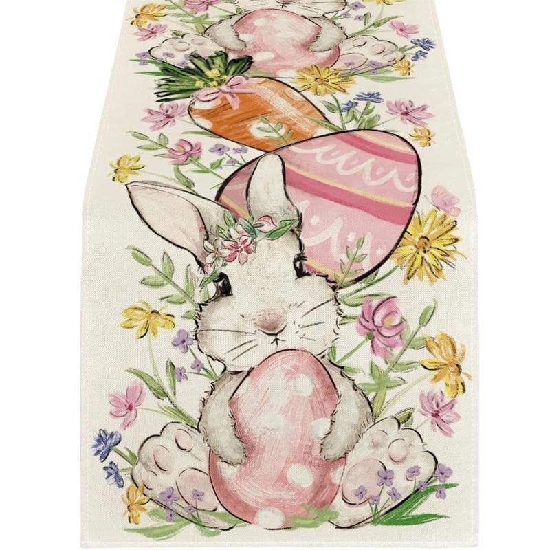 Linen Table Scarf Easter Rabbit Eggs Pattern Rectangular Washable Table Runner For Spring Decorations And Home Styling