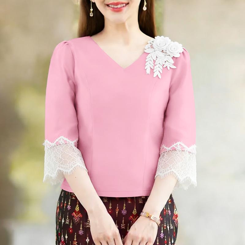 ZANZEA Women Casual V-Neck Lace Crochet Splice 3/4 Sleeve Blouse