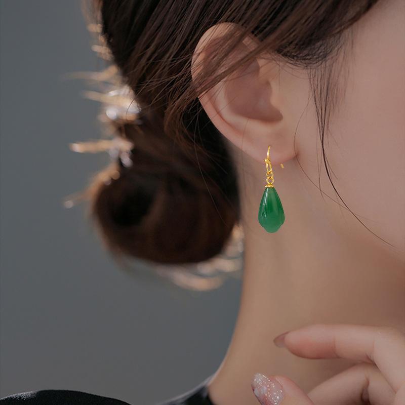 Hetian Jade Orchid Earrings Retro Court Style Emerald Classical Ear Hook Gentle Temperament Elegant Flower Earrings Female