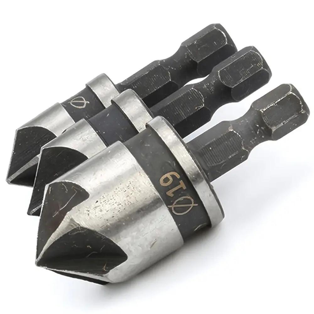 

3pcs Carbon Steel 90 Degree Triangular Handle Hexagonal Handle Five-blade Chamfer 12/16/19mm Black Countersink Woodworking Hole Hexagon handle