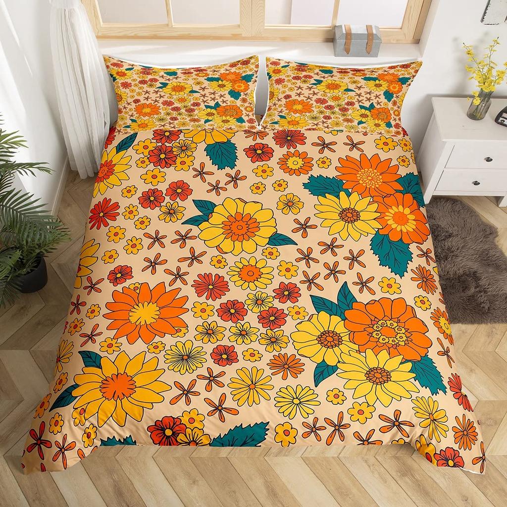 Bettdecke Retro Blumen Aquarell Gelb Floral Grüne Blätter Pflanze Bettdecke Und 2 K Bunter Stil Bettwäsche-Set