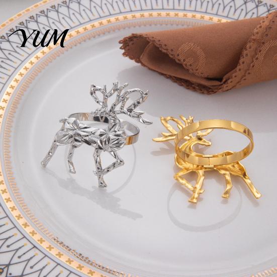 Gold Napkin Holders Christmas Deer Ring, Faceted Metal Elk Holder, Reusable Elegant Dining Table Accessories Ring for Xmas Holiday Wedding Receptions