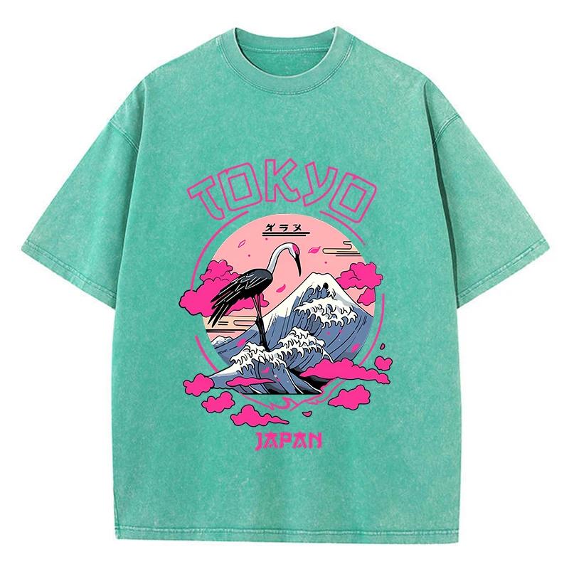 Vintage Womens Acid Wash T-Shirts Tokyo Harajuku Printing Tees Crewneck Cotton Oversized Short Sleeve Fashion  Clothes