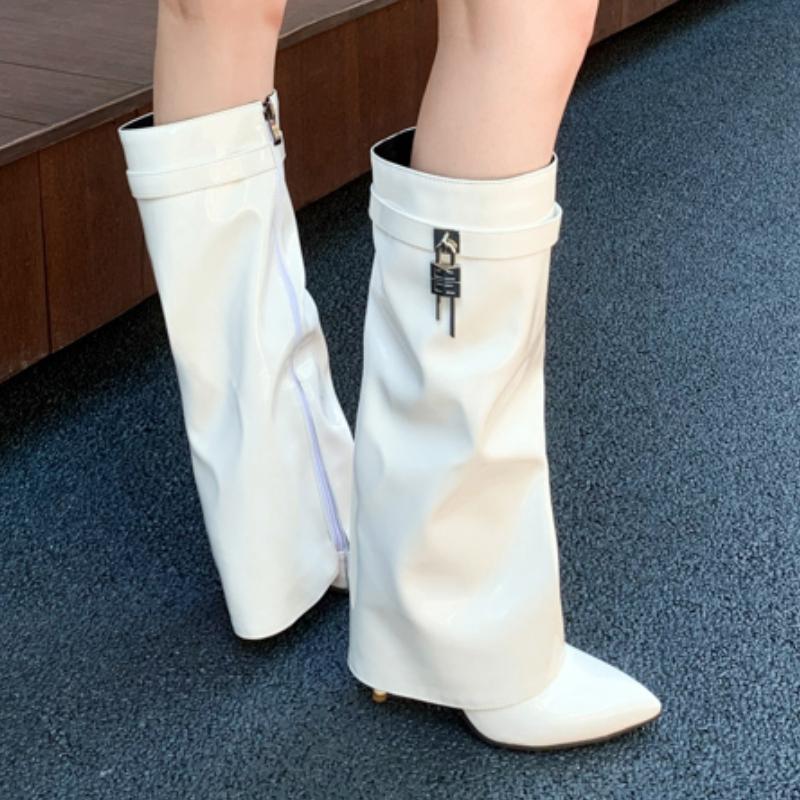 Turned-over Edge Knee High Boots Women Shoes Sexy Key High Heels White Black Western Boot Female 2024 New Trends Party Shoes