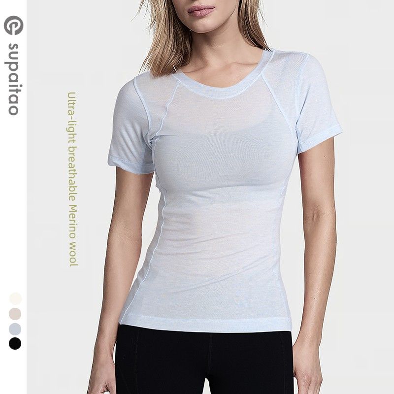 

Clearance Non-Exchangeable Non-Returnable] Sports Short Sleeve Yoga Suit Tops Workout Clothes Mernu Wool Quick Drying Clothes Merino Women Light Blue XL