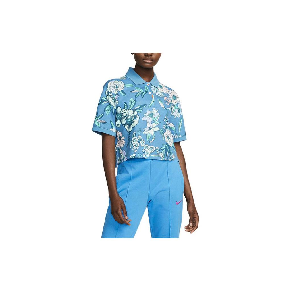 Nike Floral Print Collar Short Sleeve Polo Shirt Women Tops Blue DH2479-469