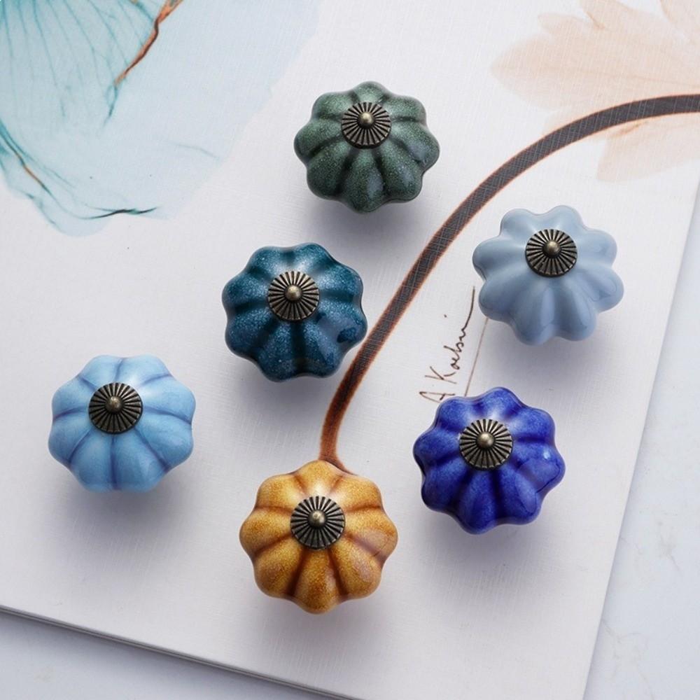 Pumpkin Shape Cabinet Door Knobs Floral Pattern Ceramic Cabinet Knobs Cupboard Door