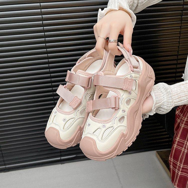 Thick-soled Mary Jane shoes women's 2025 new summer Velcro hollowed-out Roman sandals soft-soled breathable dad shoes