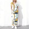 Women Plus Size Cartoon Excavator Printed Scrub Set Cutout Neck Short Sleeve Pocket Top Long Pants Two Piece