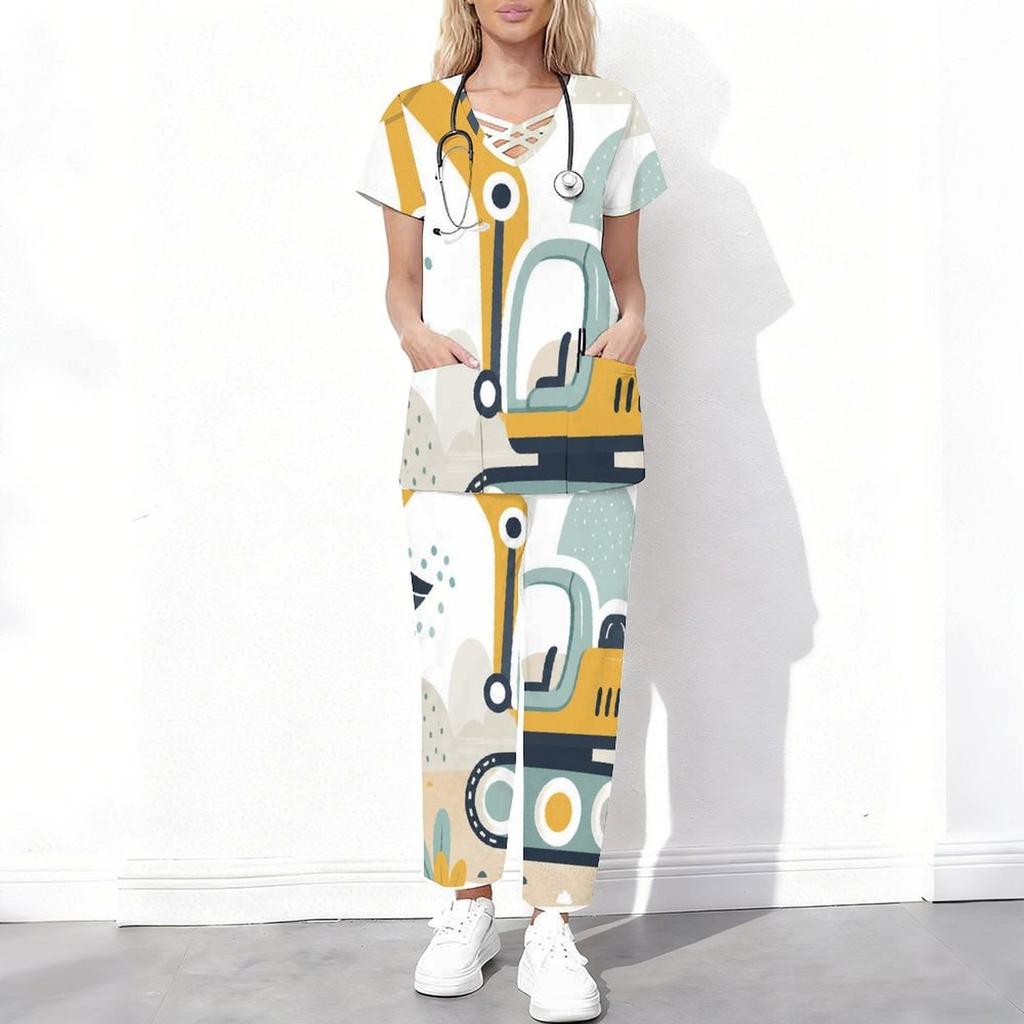 Women Plus Size Cartoon Excavator Printed Scrub Set Cutout Neck Short Sleeve Pocket Top Long Pants Two Piece