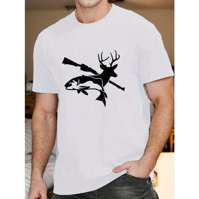 European Size Men's Deer and Rifle Print T-Shirt, Summer Casual Short Sleeve T-Shirt