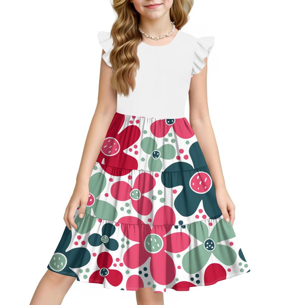 Summer Children's Dress Girls Printed Flowers Casual Cute Round Neck Princess Dress