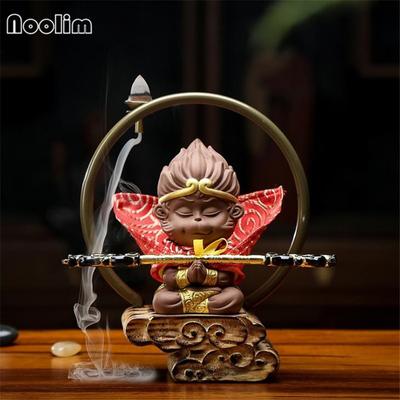 Monkey King Wood Base With Purple Clay Tea Pet Backflow Incense Burner Home Decoration Crafts