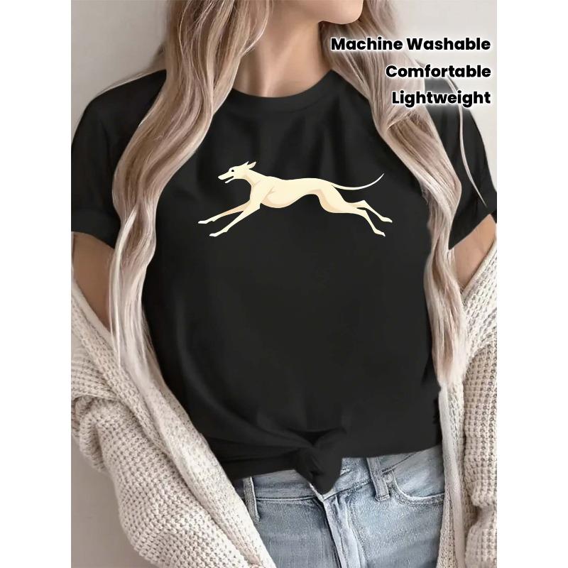 Women s Lightweight Polyester Round Neck T-Shirt Suitable for Women s Fashion - Elegant Greyhound Print, Comfortable Casual Wear, Pet Lover Outfits, S чёрный