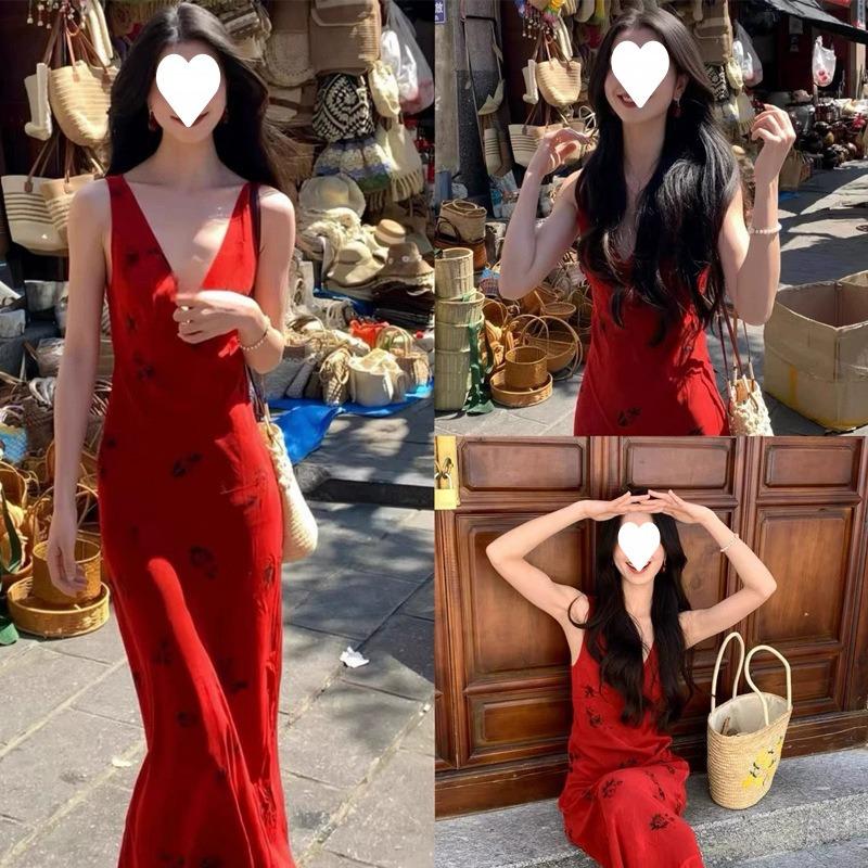 French Retro Printing Red Suspender Floral Collar Dress Women's Summer High-end Royal Sister Waist Dress
