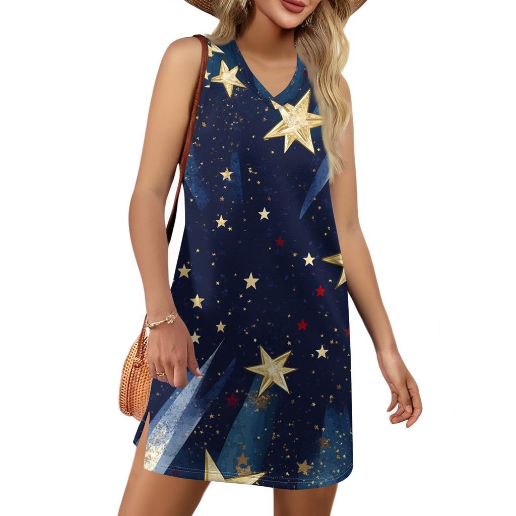 Rochie de vară casual de plajă cu gât în V pentru femei, fără mâneci, cu imprimeu de Ziua Independenței
