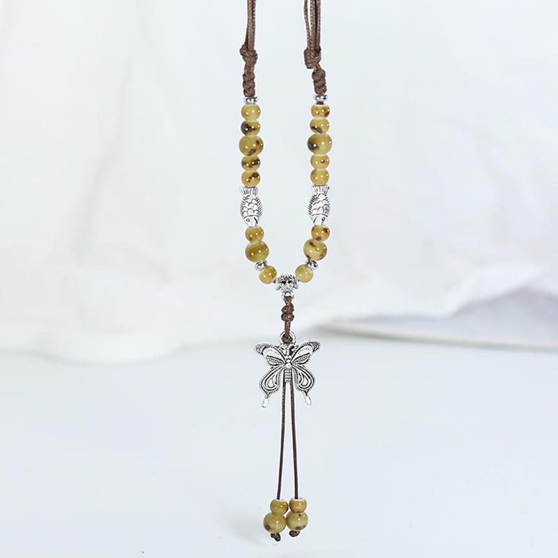 Vintage Ceramic Butterfly Pendant Necklace for Women Ethnic Style Adjustable Handmade Beaded Jewelry Accessory