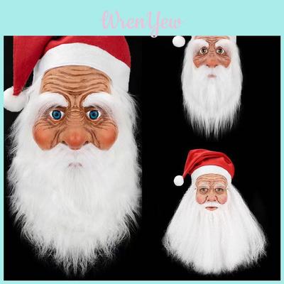 Christmas Latex Santa Claus Cap With White Beard Mask Role Play Fun Props