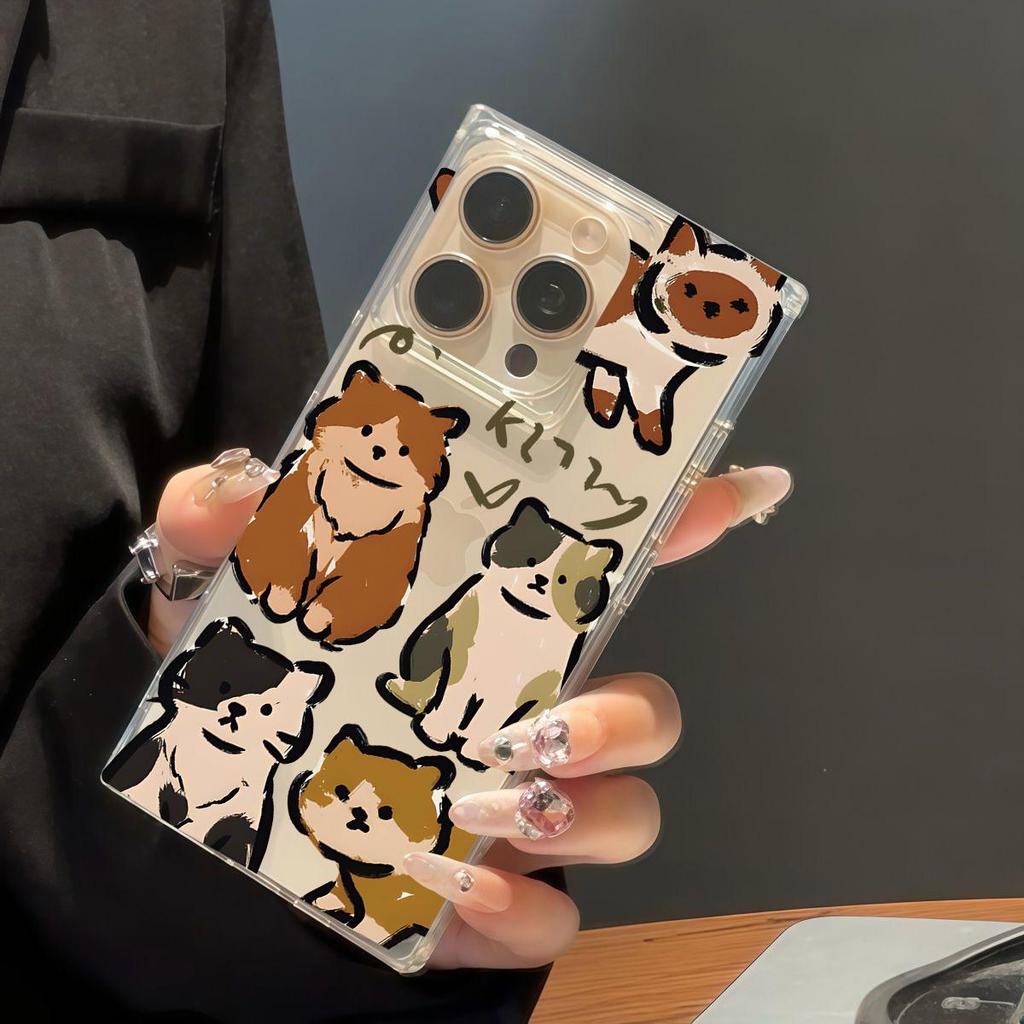 Square Back Tube Protection Clear Case For iPhone 11 15 Plus 16 ProMax 12 13 14 Pro Max Anti-Oxygen,Cartoon Cat Pattern Casing