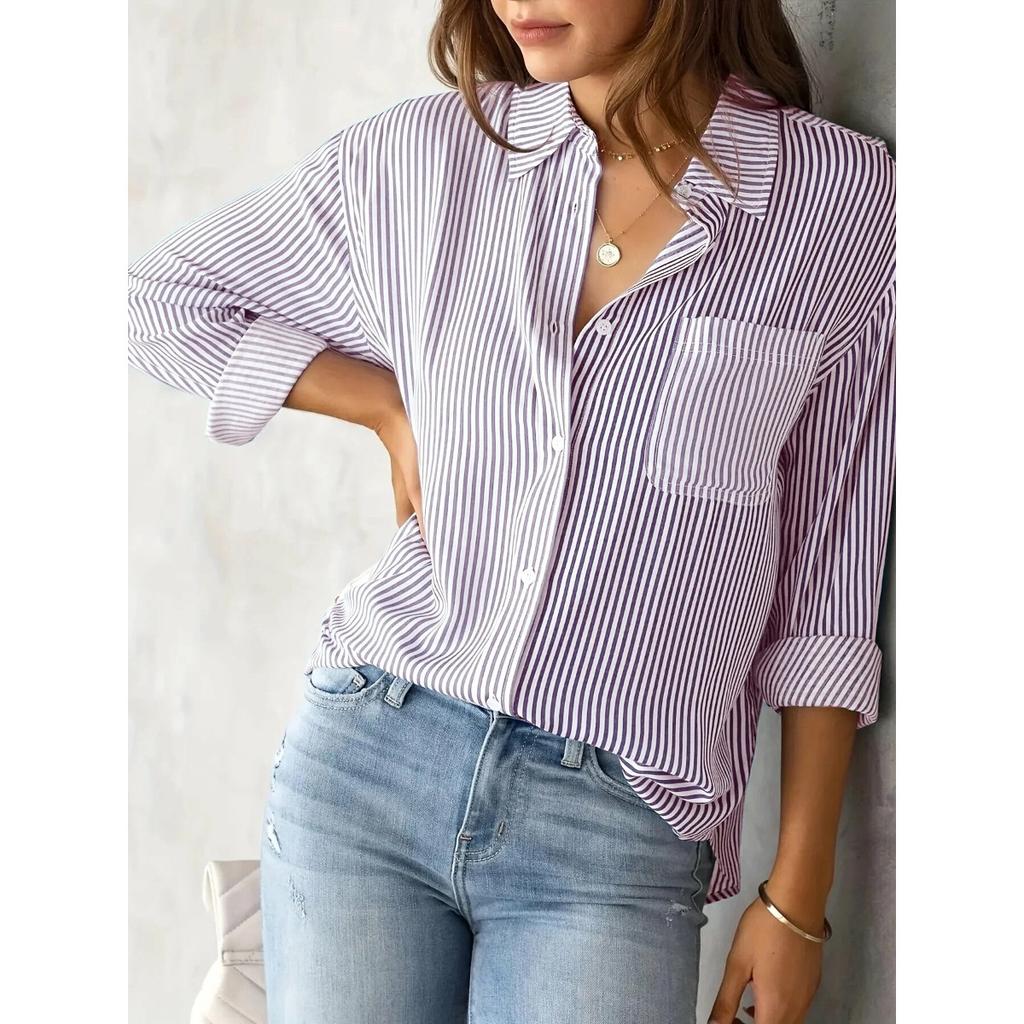 Printed Striped Cardigan, Casual Fashion Shirt, Loose Striped Women's Shirt, Work Shirt, Casual Long Sleeved Shirt