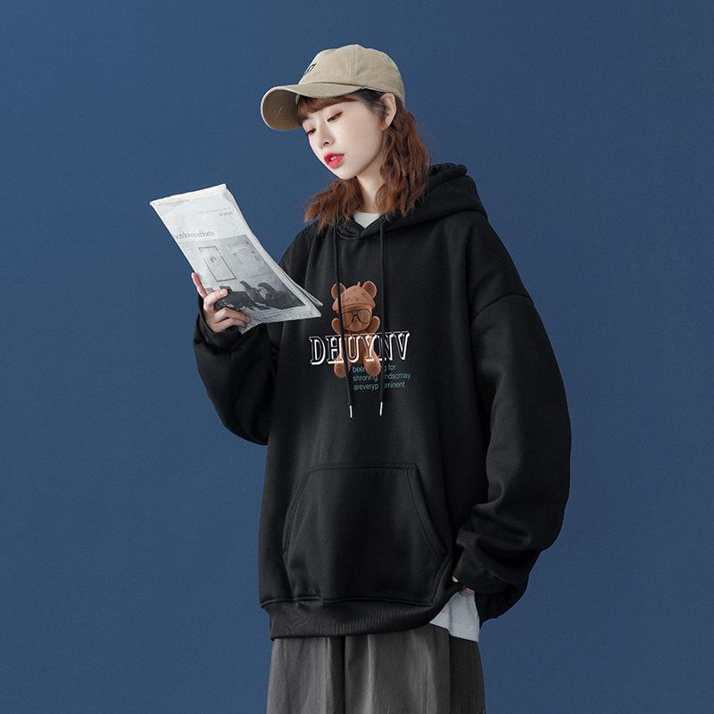 Women's 2026 Winter Printed Velvet Hoodie - Korean Style Loose Fit for Spring and Autumn