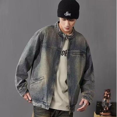 Męska Retro Spierana Kurtka Jeansowa - Modny Wiosenno/Jesienny Casualowy Płaszcz na Zamek