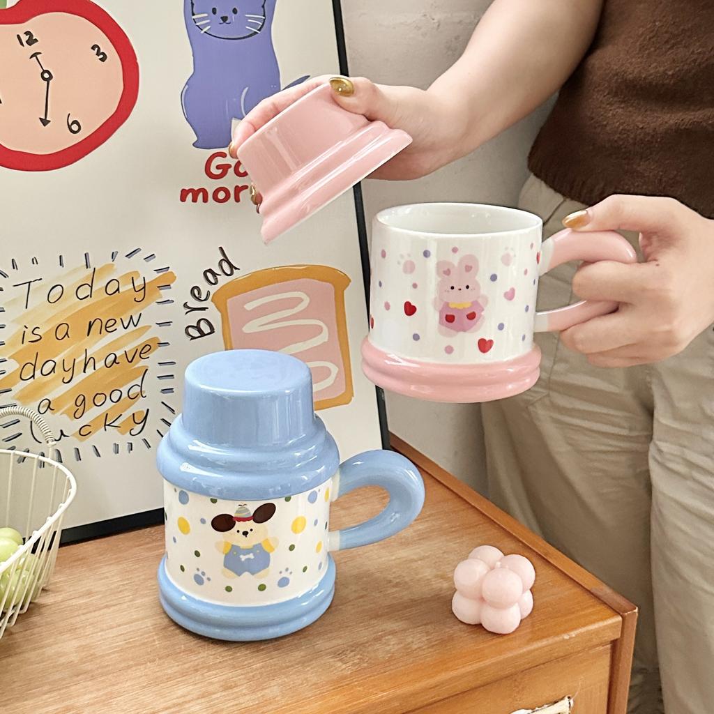 Cute Polka Dot Puppy Couple Water Cup High Value Ceramic Mug with Lid for Home Breakfast Coffee Cup
