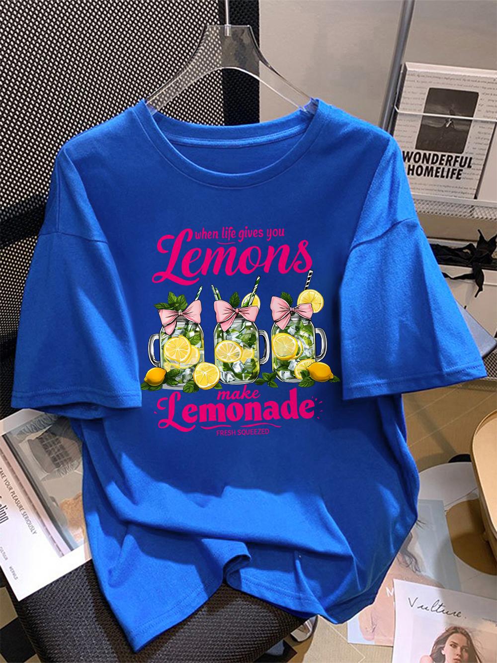 

100 Cotton Womens TShirt Summer Make Lemonade Fresh Squeezed Prints T Shirt Comfortable Loose ONeck Tops Basic Womans Clothes S