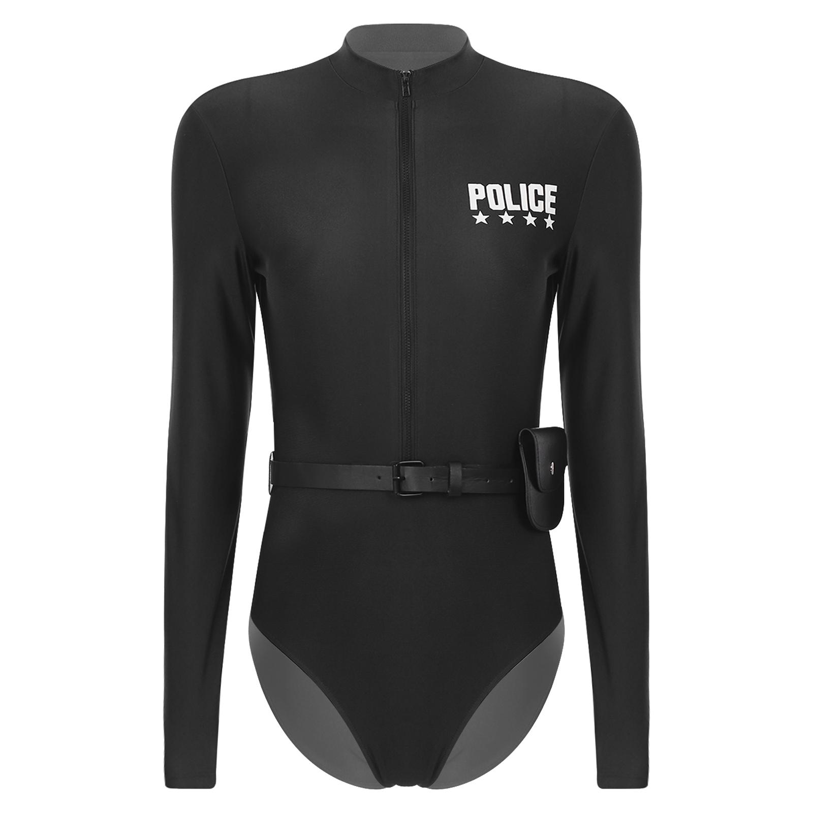 

Жіночий поліцейський комбінезон з передньою блискавкою, довгим рукавом та принтом, з поясом та сумочкою, костюм для косплею 4XL чорний