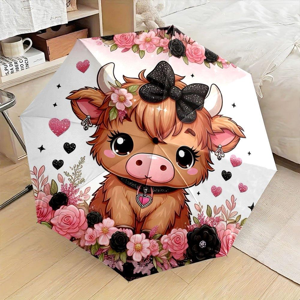 

Women s Cute Cow Print Umbrella with Hearts & Bows - Open/Close, 8-Rib Compact Folding Umbrella with Pink Bow & Heart-Shaped E Iron&8K