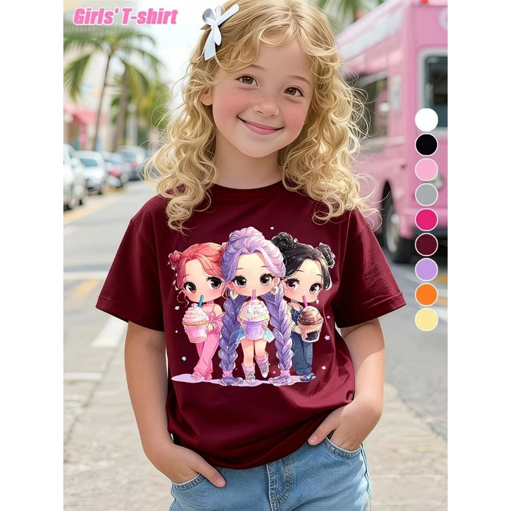 Children's Kpop Popular Cartoon Print T-Shirt Tops Clothing Design Casual Harajuku Style Round Neck Short Sleeve Girl Clothing