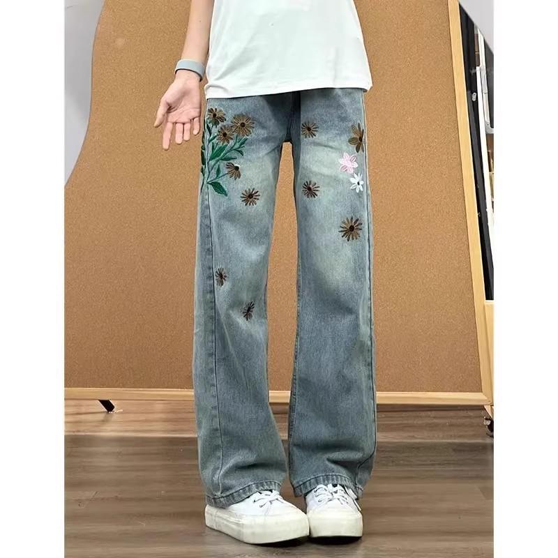 Cleanfit Floral Embroidered Jeans Men Women Slim Flared Streetwear Denim Pants