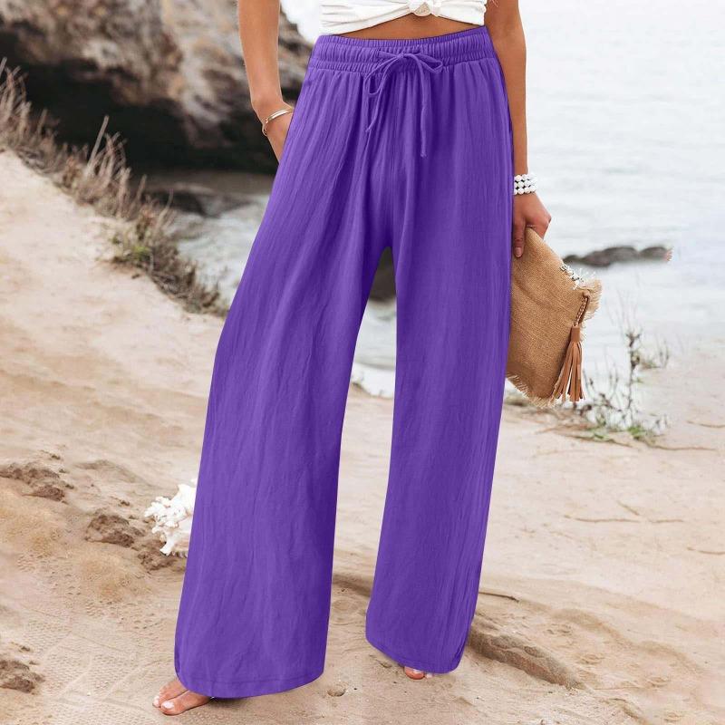 Damen Leinenhose Hohe Taille Weiter Bein Palazzo Hose Unterteil Einfarbig Jogginghose Freizeit Jogger