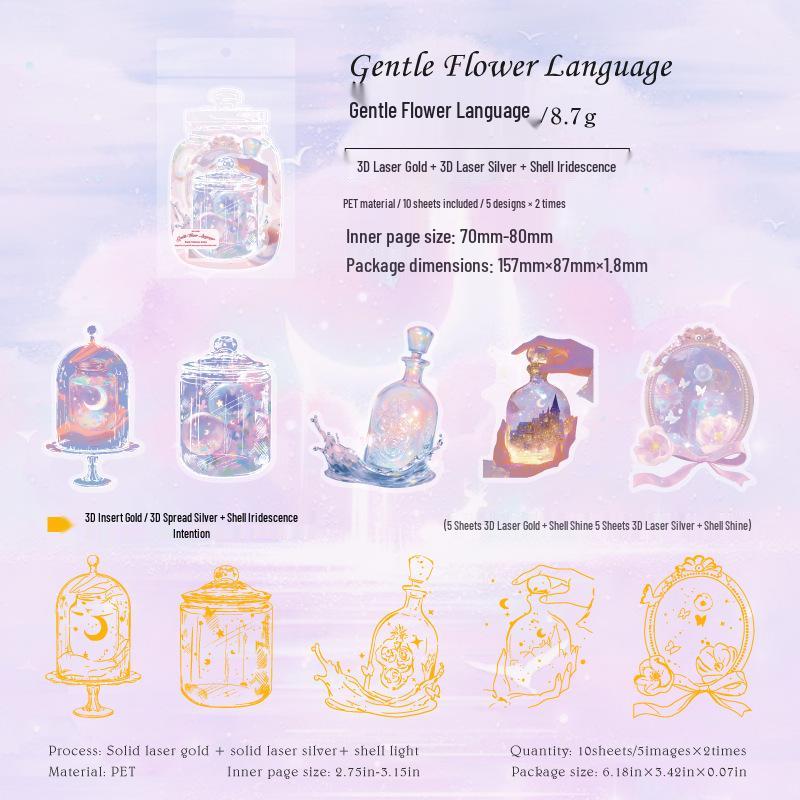 Mo Ink Ice Crystal 3D Laser Silver Stickers - Universe in a Bottle Series, 10 Irregular Die-Cut Sheets for DIY Projects