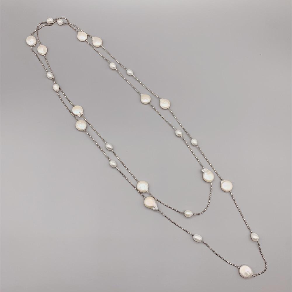 Freshwater Rice Pearls Coin Pearls Long Pendant Necklace Girls Floating Style Stainless Steel For Women Chain Classic Giveaway GiftClassic Necklaces