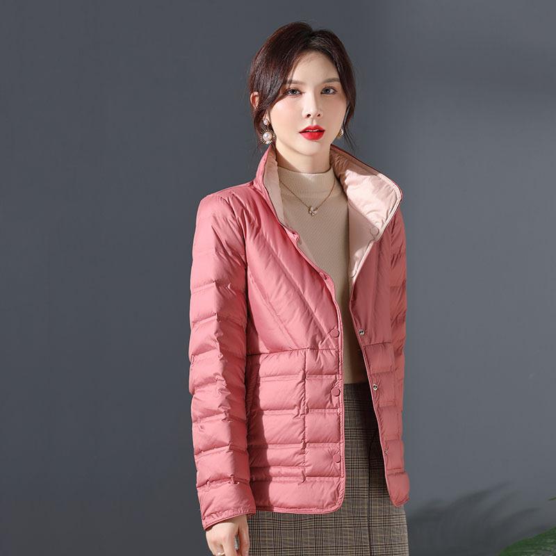 Double-sided two-color two-sided winter stand-up collar light down jacket women's short pressed glue white duck down warm jacket tide