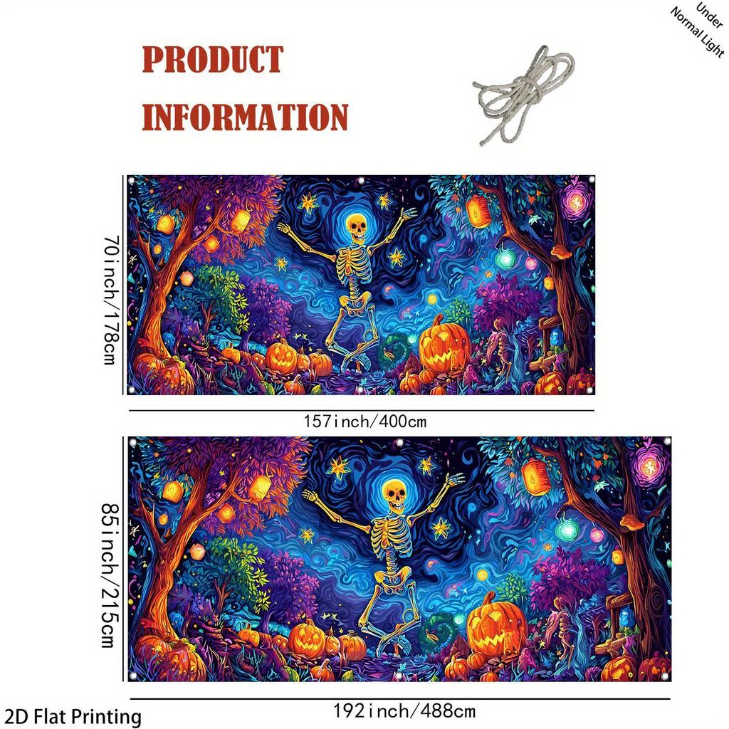 1PCS Halloween Garage Door Decoration - Luminous UV Effect - Super sized Horror Skull Party Scene with Pumpkin and Bat