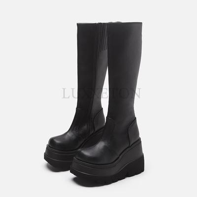 Fashion Women Leather Shoes Spring Winter High Platform Heels Elasticity Motorcycles Black Boots Goth Zip Women's  Knee Boots