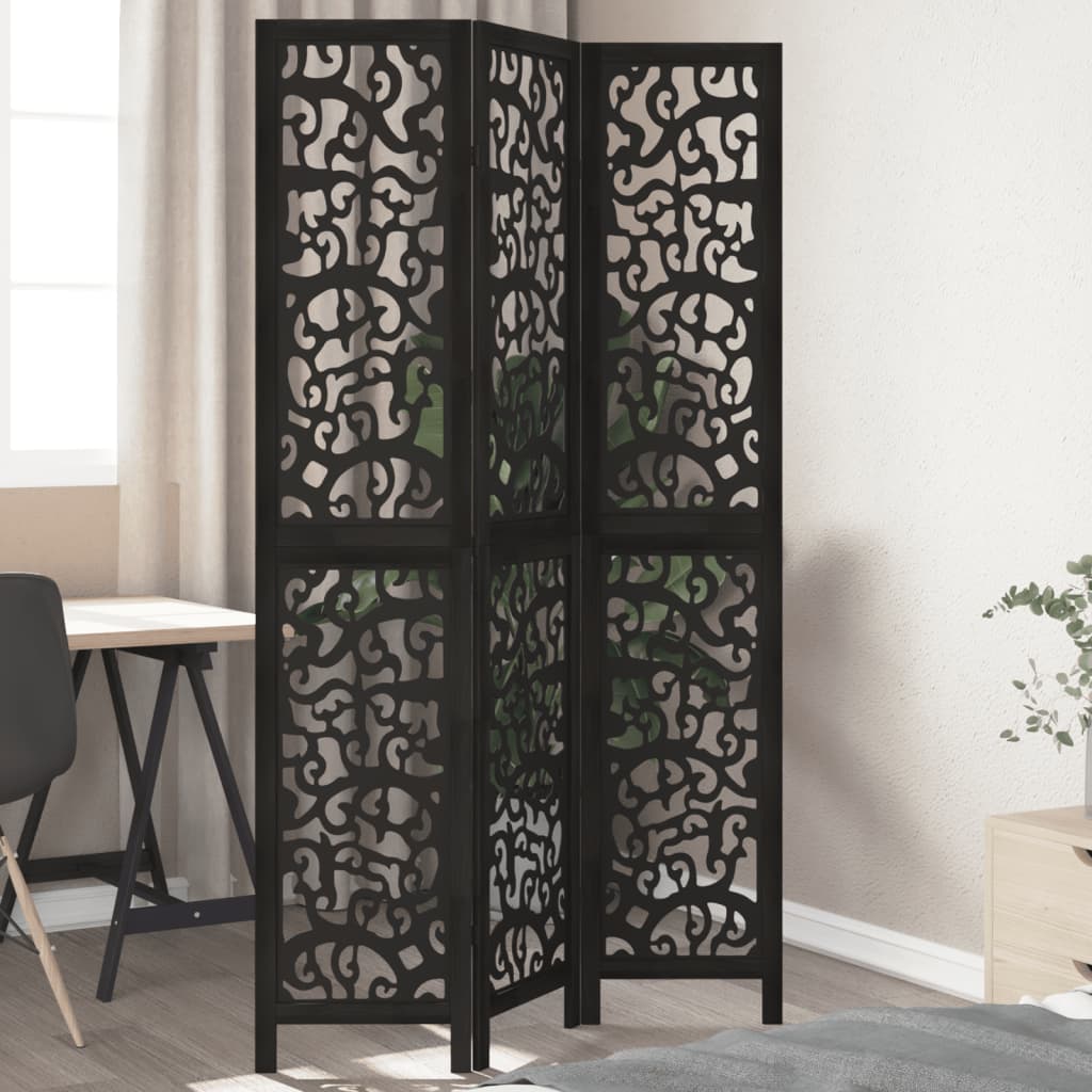3 Panel Room Divider Black Solid Wood Paulownia