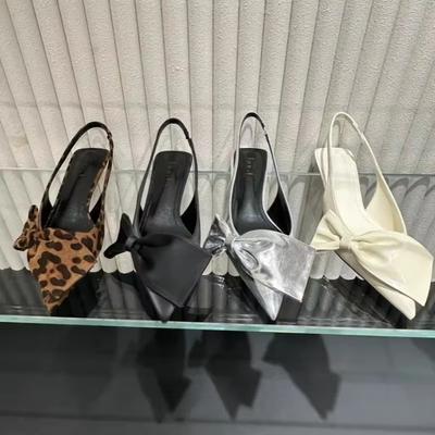 Sexy Leopard Schleife Damen Spitz zulaufende Sandalen Sommer Slingback Sandalias Mujer Kleiderschuhe Niedrige Absätze Flip Flops Pumps Femme Slides
