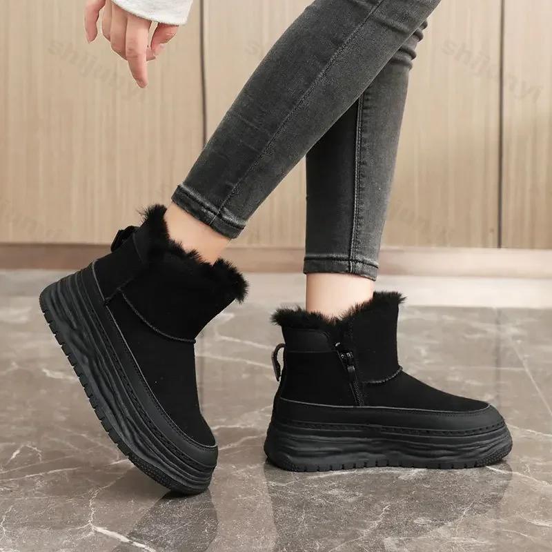 New 2025 Winter Plush Platform Snow Boots Women Side Zipper Non Slip Warm Cotton Shoes Woman Comfort Thick Bottom Ankle Boots
