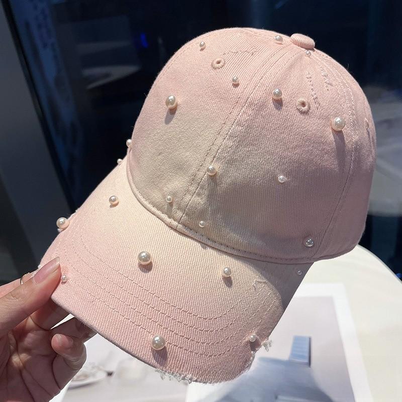 Cotton Baseball Cap With Pearl Embellishments For Summer Sun Protection