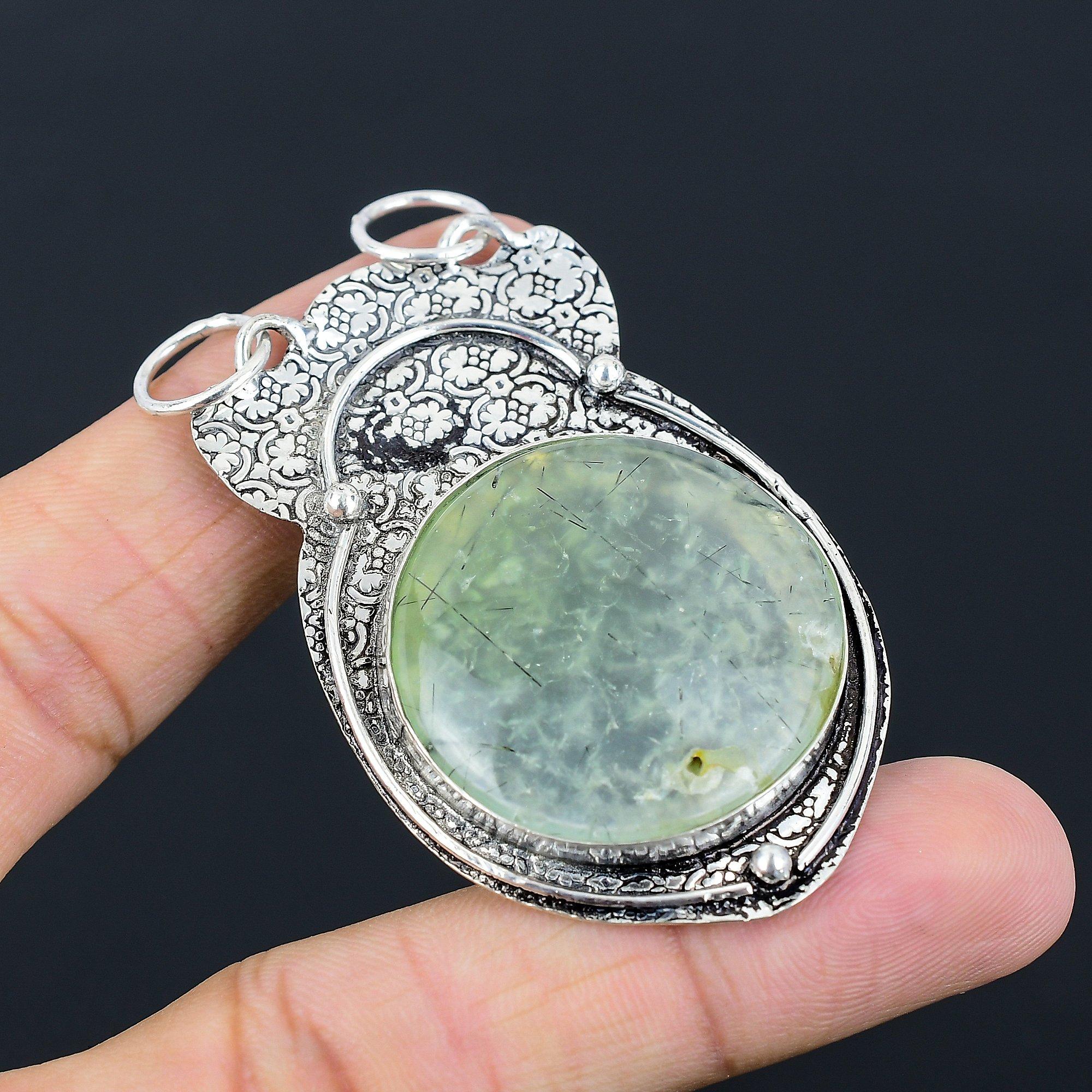Daughters Day Sale Moss Prehnite Gemstone 925 Silver Sister Boho Pendant Jewelry