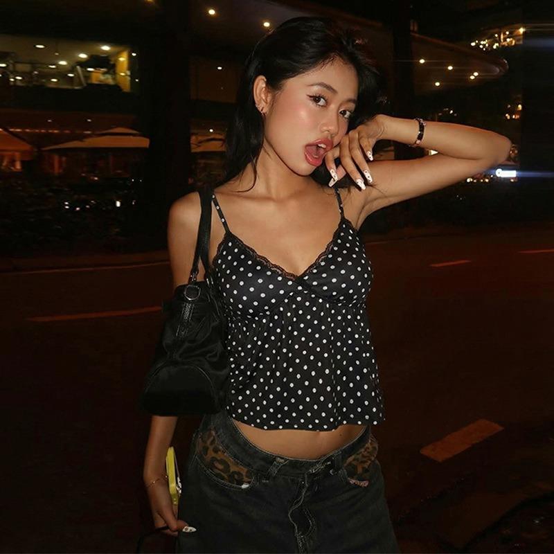 Women Polka Dot Lace Trim Camisole V Neck Spaghetti Strap Casual Solid Color Cropped Top