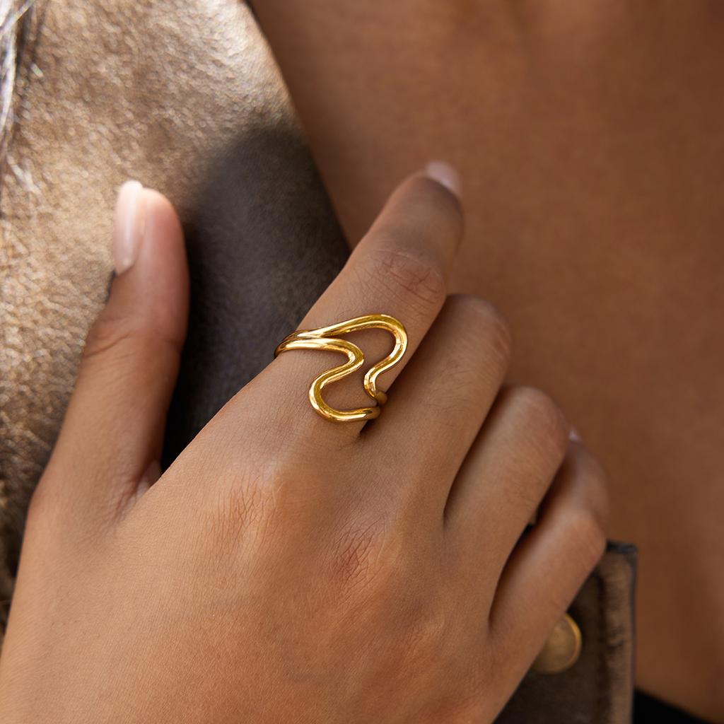 Yori Minimalist Stainless Steel Double Layer Wave Open Ring Waterproof Rust Proof Office Ladies Chic Jewelry New Gift