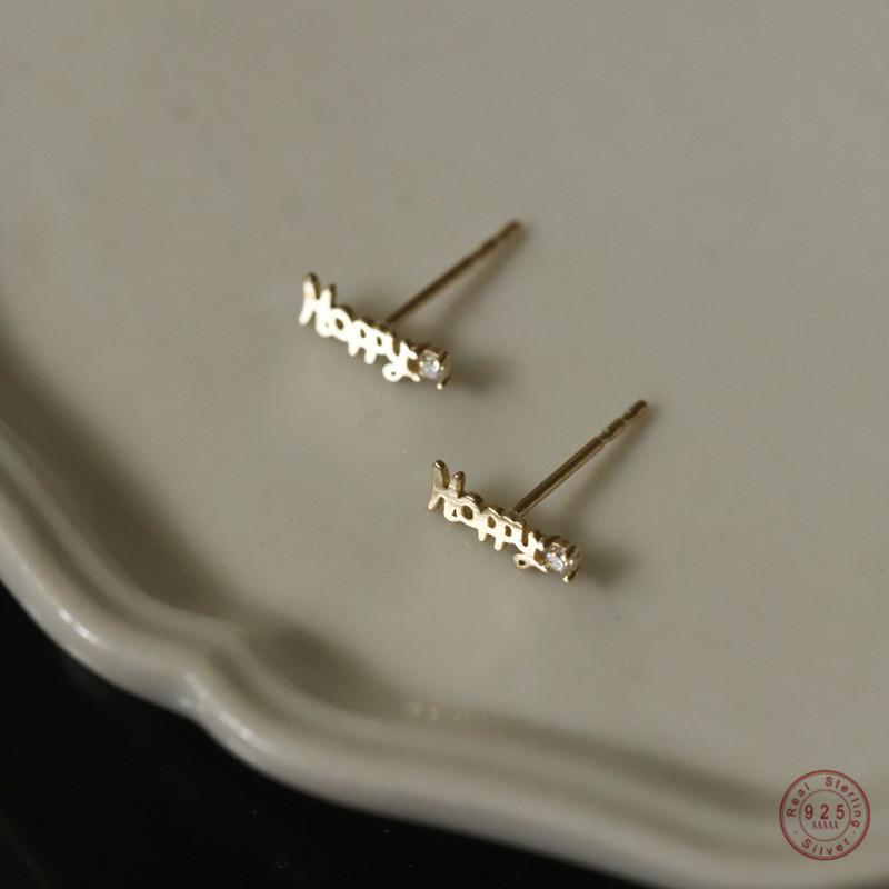 925 Sterling Silver European Simple English Letters Happy Stud Earrings Women Classic Fashion Commemorative Jewelry Gift