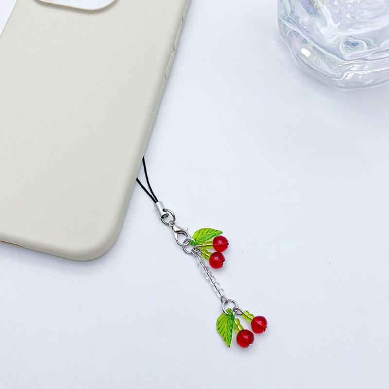 Fashion Beaded Cherry Phone Charm Straps Car Keys Hanging Pendants Y2K Style Bag Decoration Lanyard Purse Accessories